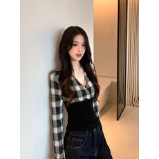 批发打底衫拼接黑白格长袖T恤修身辣妹百搭显瘦内搭黑上衣
