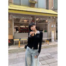 批发260克人棉条纹拼接假两件打底长袖T恤女秋季2025新款复古修身辣妹