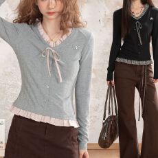 批发羊绒秋冬法式假两件蝴蝶结木耳边v领打底衫女内搭纯欲甜美长袖t恤