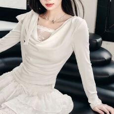 批发奶油叙事 蕾丝针织荡领收腰纯欲通勤上衣