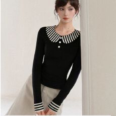 批发黑色条纹娃娃领长袖t恤女修身短款内搭打底衫假两件上衣