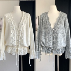 批发小雨姐姐秋款暖朵毛衣镂空钩花毛球V领宽松抽绳下摆针织毛衣