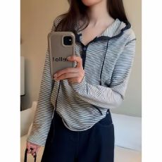 批发原版面料美式条纹连帽长袖<b class='q'>t</b><b class='q'>恤</b><b class='q'>女</b>秋季欧货内搭打底衫休闲上衣