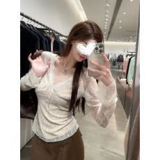 批发纯欲辣妹蝴蝶结V领<b class='q'>蕾丝</b>裤上衣女短款百搭打底衫长袖T恤