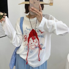 批发纯棉双纱白色小红帽长袖T恤女宽松慵懒风小众设计感<b class='q'>甜美</b>早秋上衣