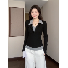 批发早秋设计感撞色拼接假两件长袖T恤女修身显瘦上衣