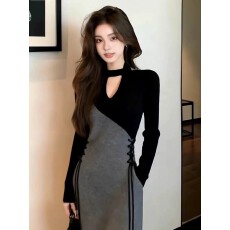 批发法式小香风特别漂亮掐腰灰色拼接<b class='q'>连衣裙</b>女2025秋季新款气质感长裙