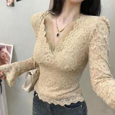 批发大码2025新款设计款修身V领性感辣妹<b class='q'>长袖</b>蕾丝秋冬打底衫磨毛<b class='q'>T</b><b class='q'>恤</b>女