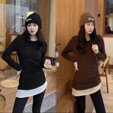 批发己出货 感抽褶撞色磨毛<b class='q'>打底衫</b>遮臀<b class='q'>中长款</b>T恤潮