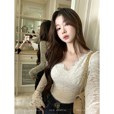 批发V领磨毛长袖上衣女秋冬<b class='q'>蕾丝</b>拼接外穿内搭<b class='q'>打底衫</b>