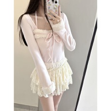 批发纯欲甜美风毛毛拼接方领挂脖长袖T恤女秋冬新款修身显瘦内搭上衣