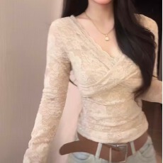批发纯欲交叉V领提花蕾丝打底衫女秋冬内搭修身显瘦上衣