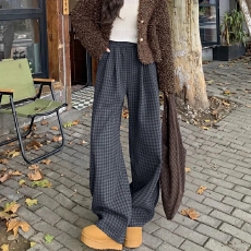 批发格子裤<b class='q'>女</b>春秋季2025新款高腰宽松慵懒显瘦百搭阔腿<b class='q'>长裤</b>