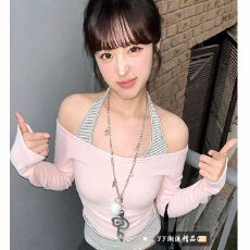批发韩系长袖t恤女冬季露肩辣妹条纹挂脖吊带<b class='q'>背心</b>两件套叠穿打底上衣
