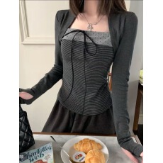 批发<b class='q'>大码</b>高街辣妹撞色系带长袖t恤女春秋新款氛围感修身内搭打底上衣