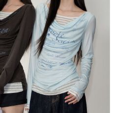 批发韩系假两件天丝荡领印花收腰显瘦长袖T恤<b class='q'>罩衫</b>女