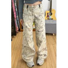 批发美式复古扎染印花休闲阔腿裤女春秋季爆款宽松高腰垂感拖地牛仔裤