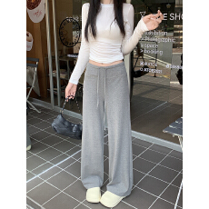 批发<b class='q'>设计</b>感灰色抽绳休闲瑜伽裤女秋季高腰显瘦直筒阔腿裤垂感拖地长裤