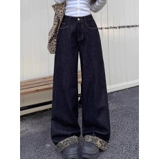 批发秋冬新款宽松阔腿牛仔<b class='q'>裤</b>女高腰拼接豹纹卷边垂感直筒拖地长<b class='q'>裤</b>子潮