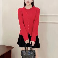 批发2025秋冬新款韩版气质简约木耳边设计百搭长袖<b class='q'>开衫</b>上衣女毛<b class='q'>针织</b>