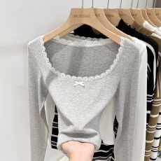 批发纯欲蕾丝内搭打底衫女秋冬蝴蝶结<b class='q'>短款</b>上衣长袖<b class='q'>t</b><b class='q'>恤</b>女