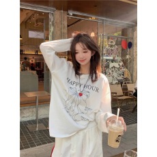 批发<b class='q'>韩国</b>外贸 21支纯棉-210克100%棉 秋装长袖T恤女宽松上衣印花