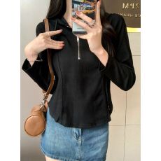 批发华棉复合 秋装内搭短款帽卫衣女<b class='q'>打底衫</b>帽衫半拉链