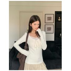 韩系绑带蕾丝花边v领内搭秋冬单穿设计t恤上衣