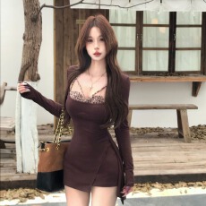 批发随心裁性感辣妹豹纹假两件<b class='q'>连衣裙</b>女秋<b class='q'>长袖</b>打底裙