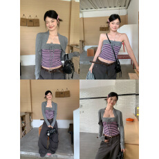 批发复古<b class='q'>时尚</b>套装女秋季长袖开衫上衣显瘦无袖抹胸两件套