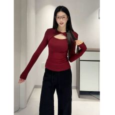 批发螺纹德绒设计感扭结镂空正肩长袖t恤女秋冬内搭打底衫上衣