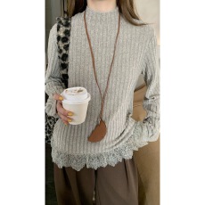 批发红人馆内搭打底衫女2025新款长袖t恤半高领韩系慵懒蕾丝针织上衣