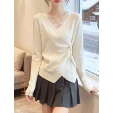 批发法式交叉褶皱V领长袖针织衫女秋冬洋气收腰显瘦蕾丝花边打底上衣