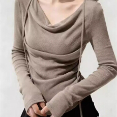 批发纯欲辣妹褶皱收腰显瘦内搭秋冬大码长袖t恤系带荡领打底衫