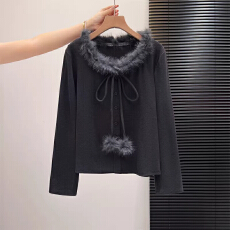 批发温柔风毛毛领拼接系带长袖T恤女秋冬季新款设计感洋气打底衫上衣
