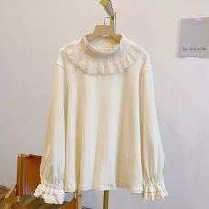 批发大码木耳领泡泡袖德绒半高领长袖花边打底衫蕾丝花边上衣保暖T恤