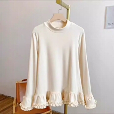 批发新款韩版木耳花边宽松显瘦圆领长袖T恤女百搭休闲上衣德绒打底衫