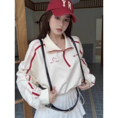 批发韩国外贸新款甜辣妹立领长袖<b class='q'>卫衣</b>女秋韩版运动风撞色短款抽绳外套