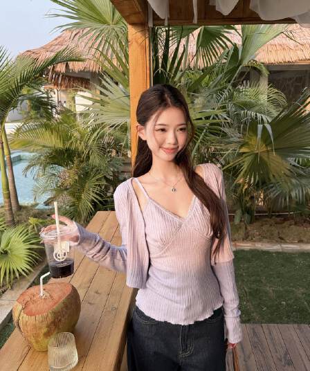 원본 원단 핫걸 세트 보라색 니트 오픈 가디건 여성 코트 봄 인사이드 가져 가라. 레이스 캐미솔 투피스 세트