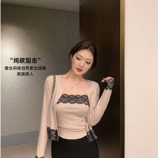 批发<b class='q'>羊绒</b>蕾丝拼接针织<b class='q'>开衫</b>配吊带两件套女早秋韩系套装薄款长袖上衣