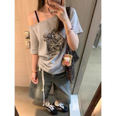 官图 40支纯棉220克92%棉8%氨纶斜领一字肩露肩短袖T恤女