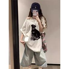 官图 40支纯棉220克92%棉8%氨纶斜领一字肩露肩短袖T恤女