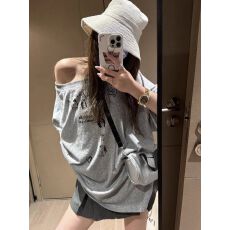 官图 40支纯棉220克92%棉8%氨纶斜领一字肩露肩短袖T恤女