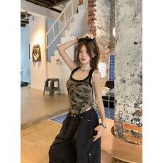批发已出货 <b class='q'>莫代尔</b>人棉260克 美式辣妹迷彩拼色背心吊带女夏季