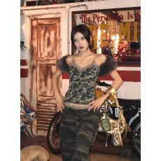 批发【人棉<b class='q'>莫代尔</b>1*1随心裁260克】性感辣妹迷彩蕾丝拼接小吊带上衣