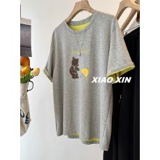 批发【原版面料】特大码300斤雨伞小熊卡通拼色短袖T恤女宽松上衣