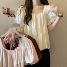 批发法式大码方领<b class='q'>短袖</b>衬衫夏季遮肚显mm甜美泡泡上衣短款天娃娃衫