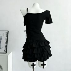 批发黑色暗黑哥特十字架设计感<b class='q'>蓬蓬</b>短裙防走光显瘦抽绳短袖上衣套装女