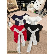 批发人棉260克】条纹绑带拼接抹胸背心小众别致显瘦无袖上衣女一字肩