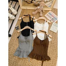 批发人棉配围脖丝带】甜辣性感蝴蝶结绑带小衫女秋<b class='q'>冬</b>波点吊带背心上衣